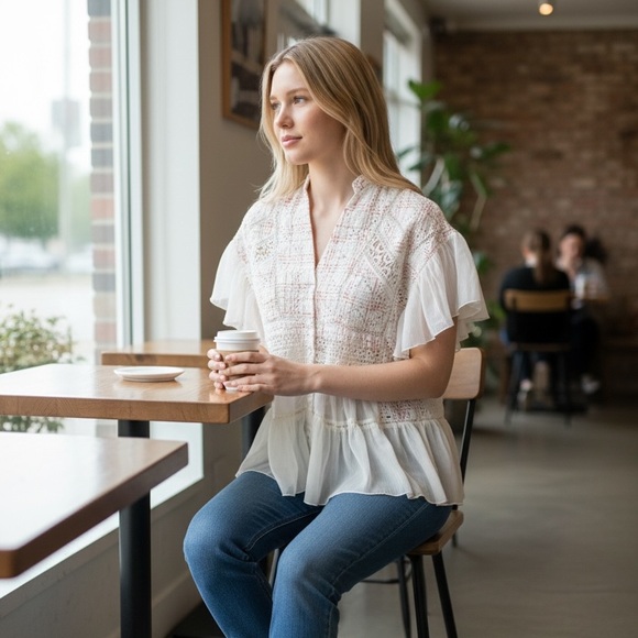 Anthropologie Tops - Size Small Anthropologie Boho Lace Peplum Top – Ivory/Cream box 4